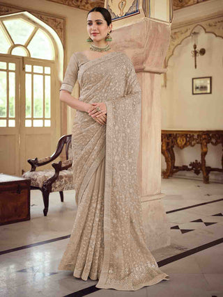 Brown Chiffon Saree With Unstitched Blouse Clothsvilla