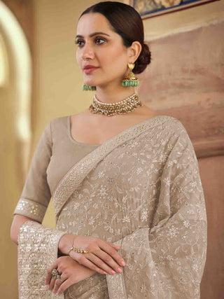 Brown Chiffon Saree With Unstitched Blouse Clothsvilla