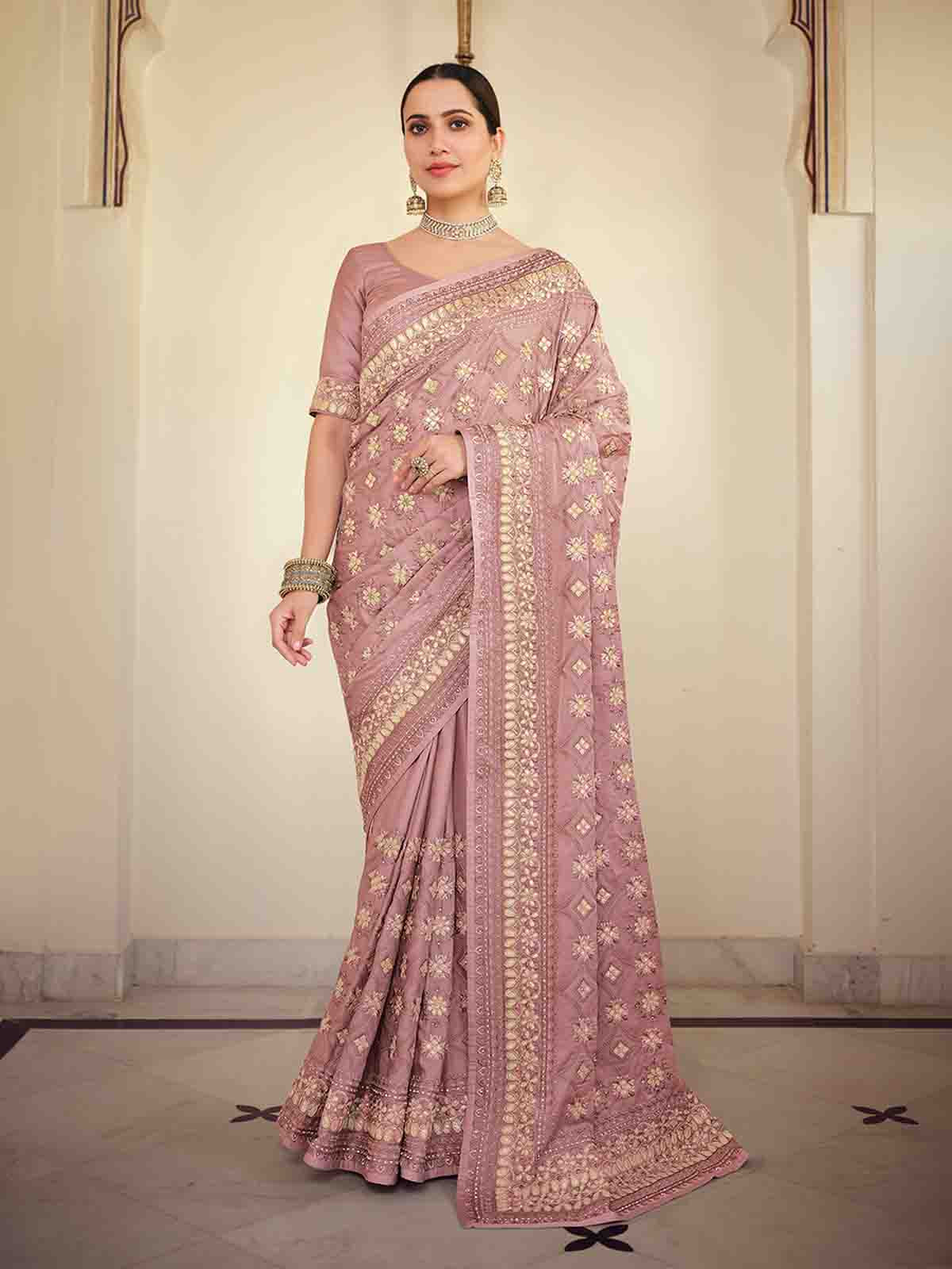 Lilac Satin Georgette Saree With Unstitched Blouse Clothsvilla