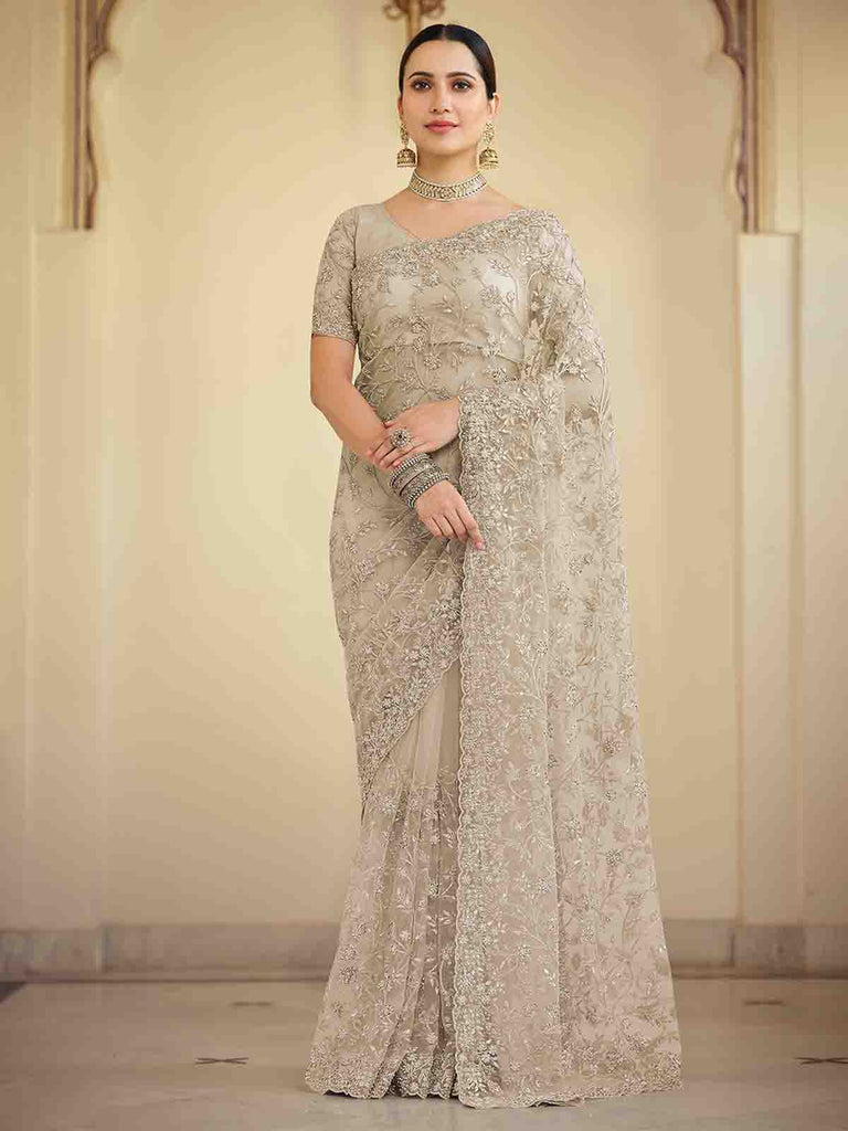 Grey Soft Net Saree With Unstitched Blouse Clothsvilla