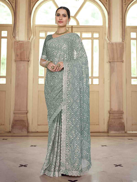 Grey Chiffon Saree With Unstitched Blouse Clothsvilla Main image