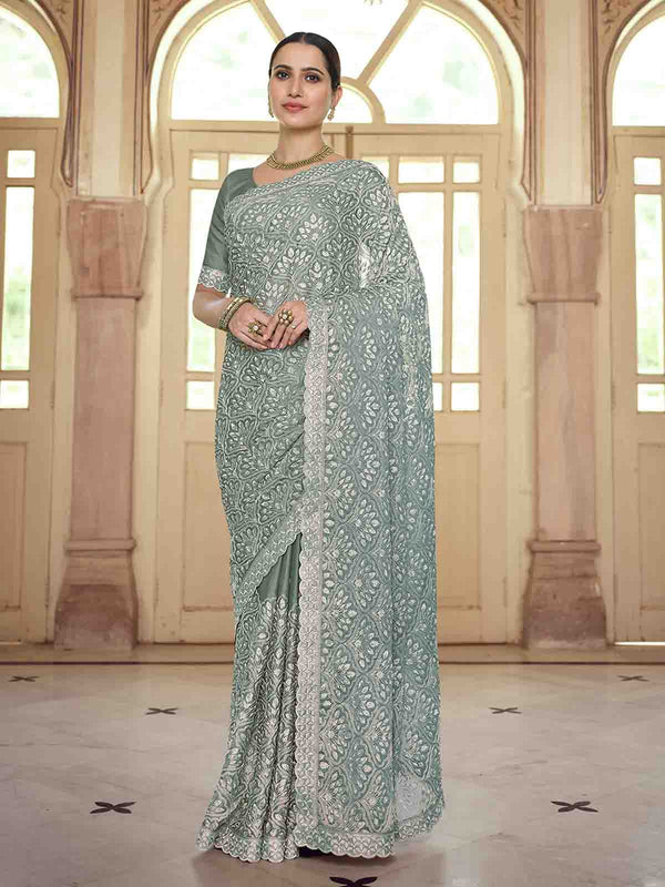 Grey Chiffon Saree With Unstitched Blouse Clothsvilla