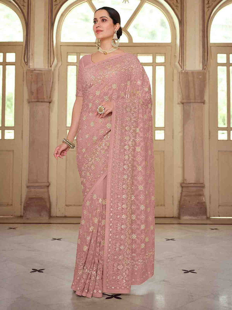 Pink Georgette Saree With Unstitched Blouse Clothsvilla