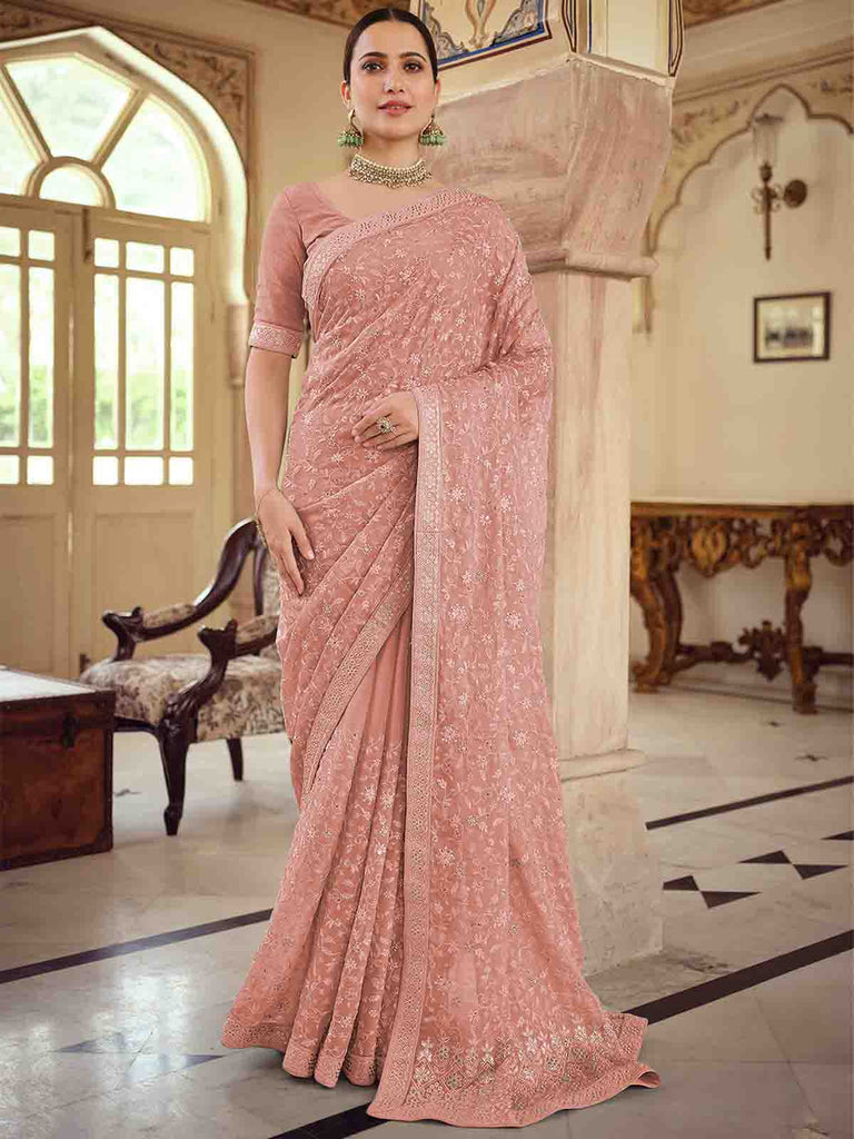 Peach Chiffon Saree With Unstitched Blouse Clothsvilla