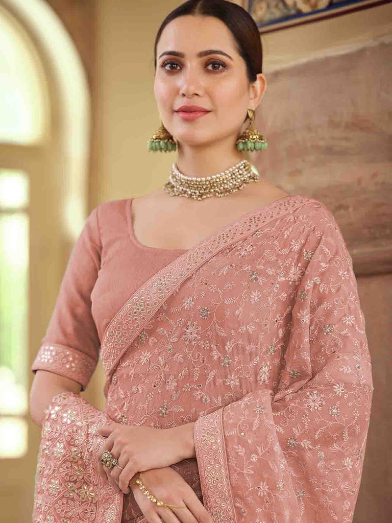 Peach Chiffon Saree With Unstitched Blouse Clothsvilla