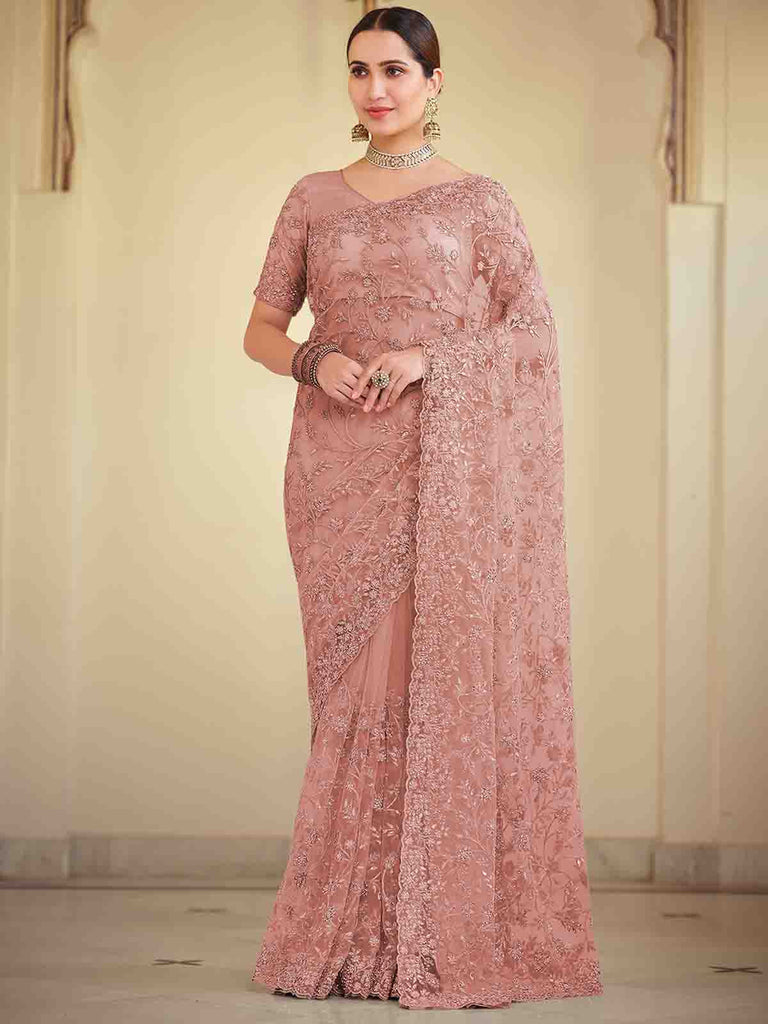 Peach Soft Net Saree With Unstitched Blouse Clothsvilla