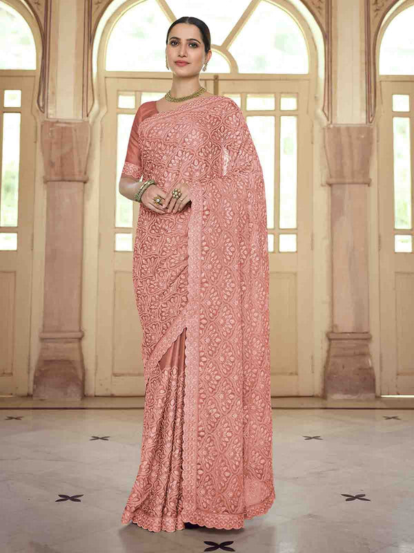 Peach Chiffon Saree With Unstitched Blouse Clothsvilla