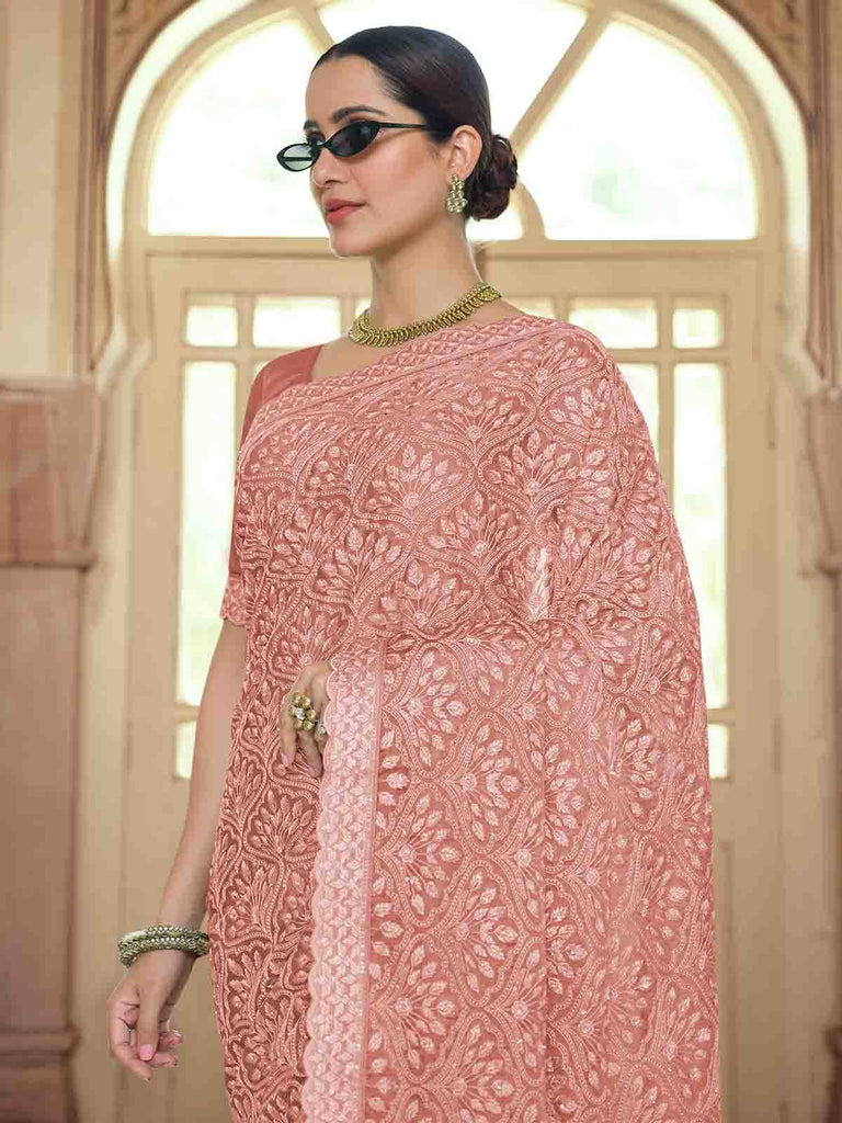 Peach Chiffon Saree With Unstitched Blouse Clothsvilla