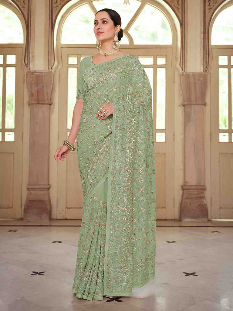 Green Georgette Saree With Unstitched Blouse Clothsvilla