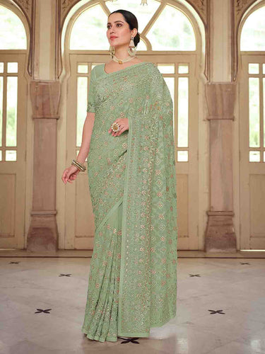 Green Georgette Saree With Unstitched Blouse Clothsvilla