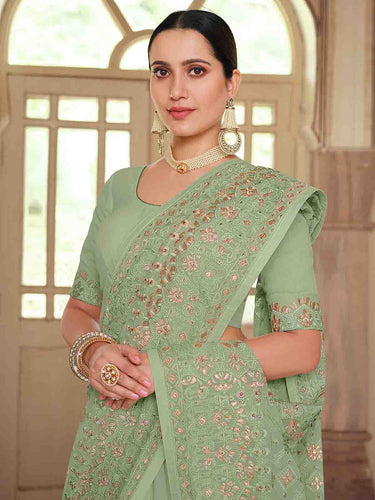 Green Georgette Saree With Unstitched Blouse Clothsvilla