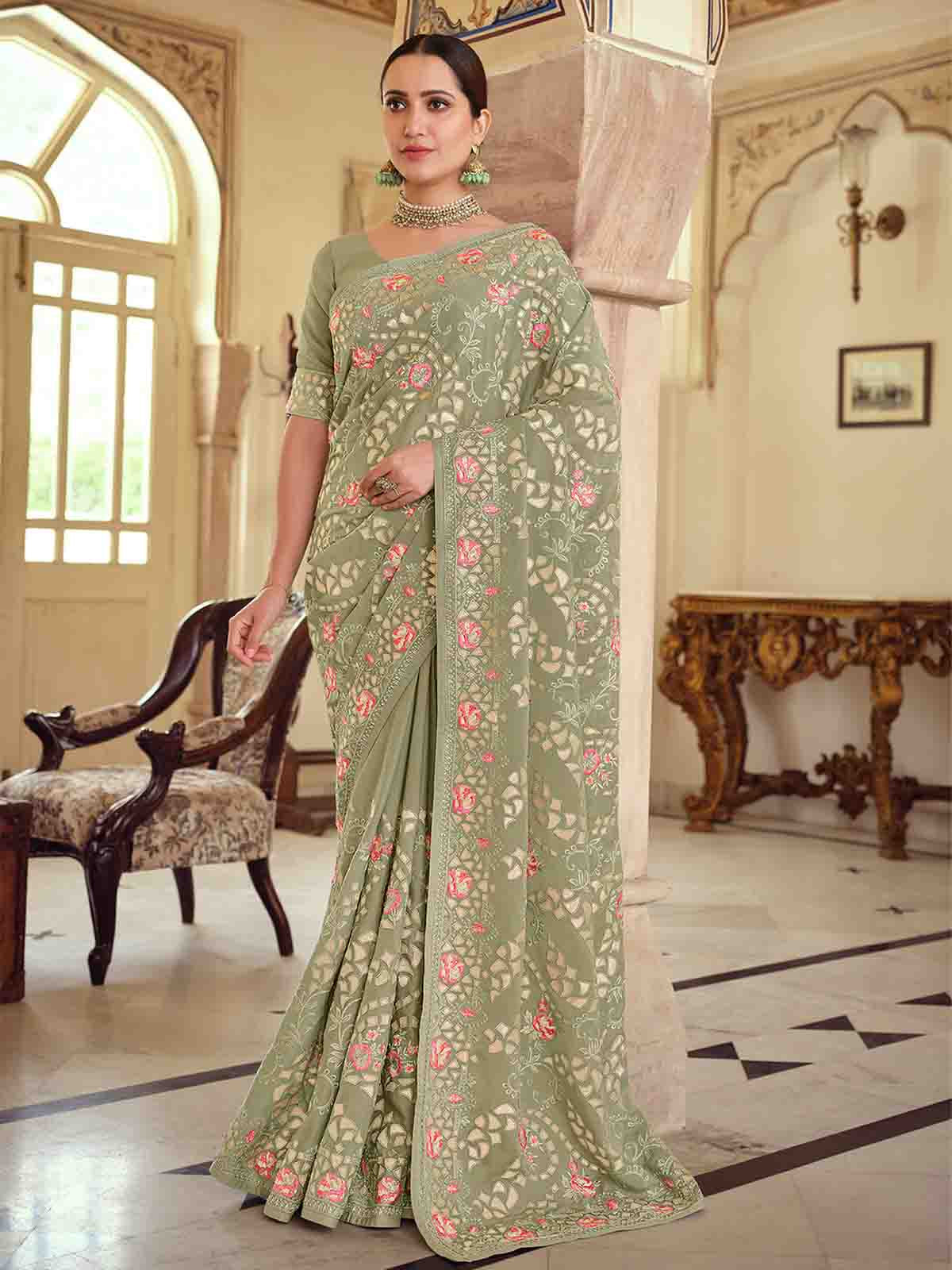 Olive Green Satin Georgette Saree With Unstitched Blouse Clothsvilla Main image