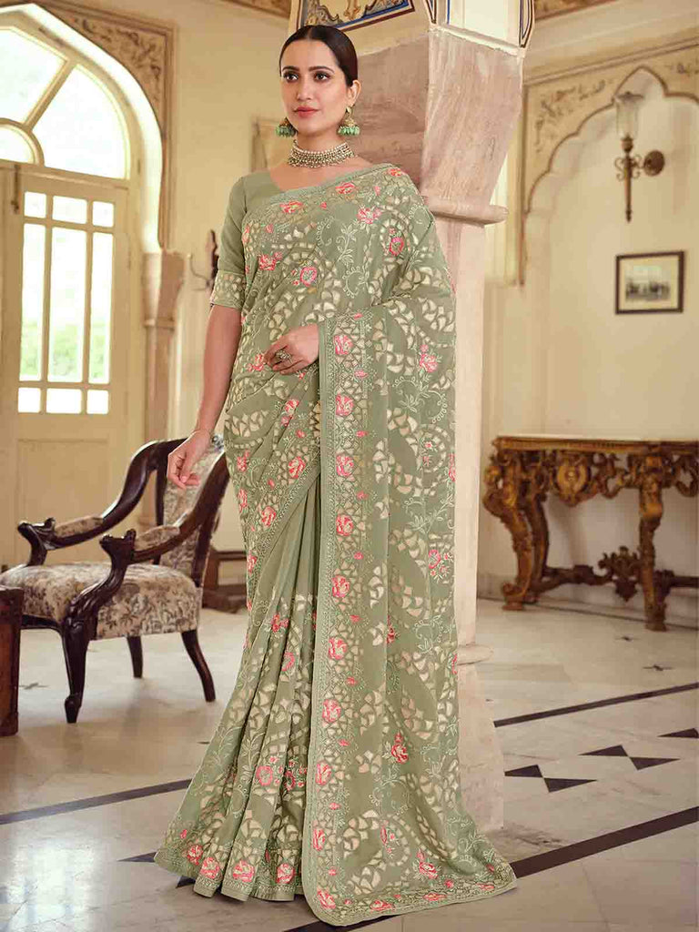 Olive Green Satin Georgette Saree With Unstitched Blouse Clothsvilla