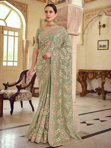 Olive Green Satin Georgette Saree With Unstitched Blouse Clothsvilla
