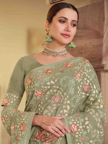 Olive Green Satin Georgette Saree With Unstitched Blouse Clothsvilla