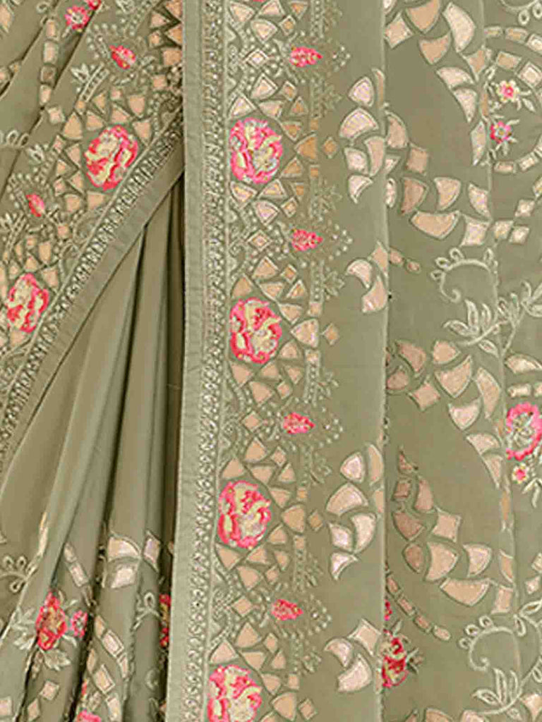 Olive Green Satin Georgette Saree With Unstitched Blouse Clothsvilla
