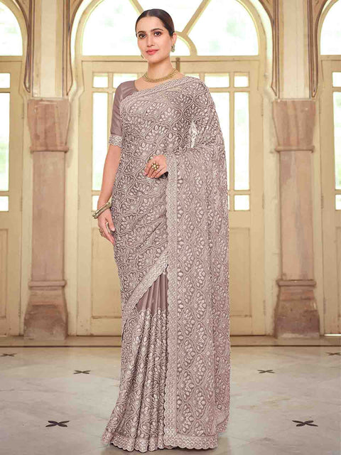Brown Chiffon Saree With Unstitched Blouse Clothsvilla Main image