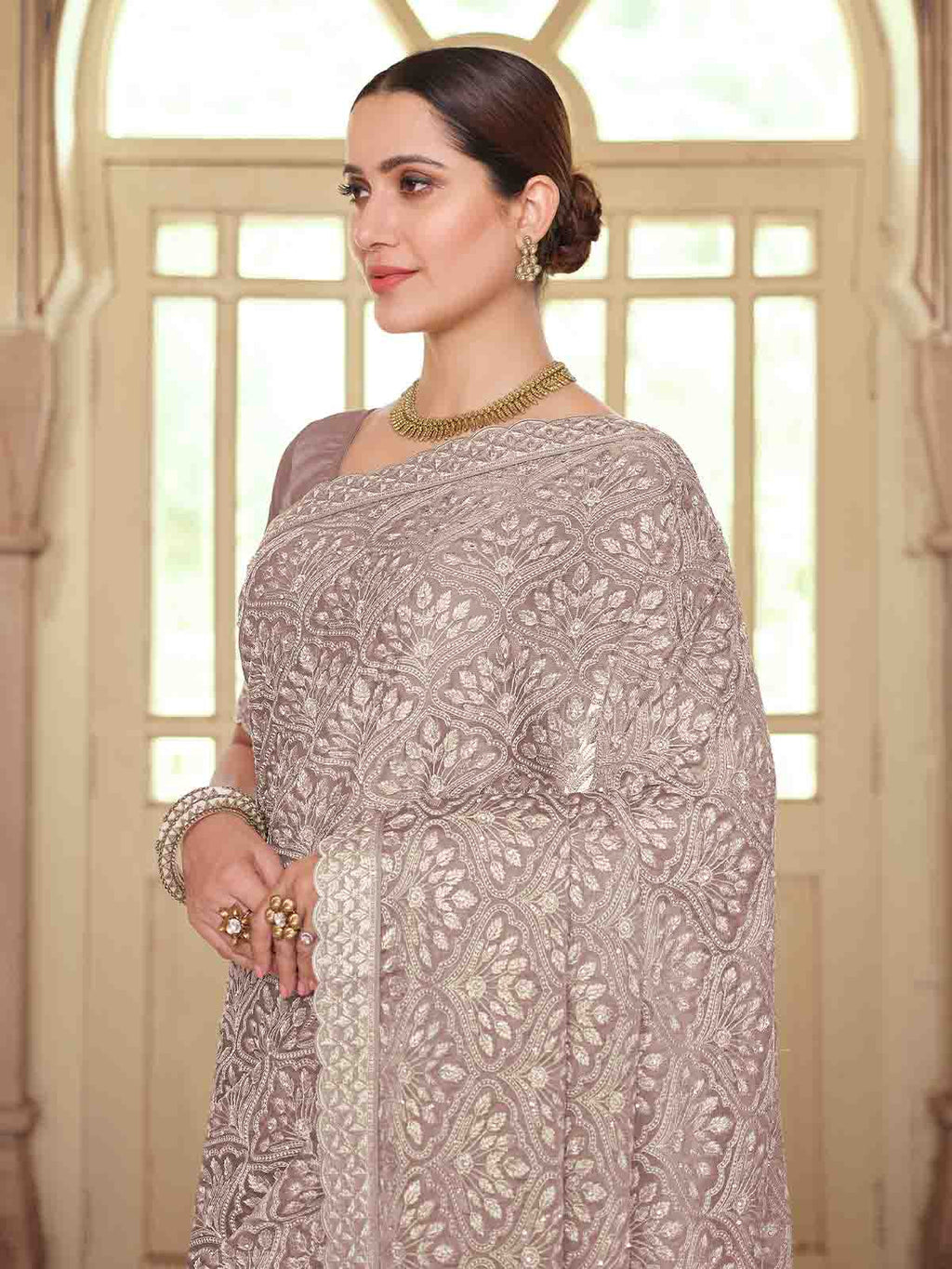 Brown Chiffon Saree With Unstitched Blouse Clothsvilla
