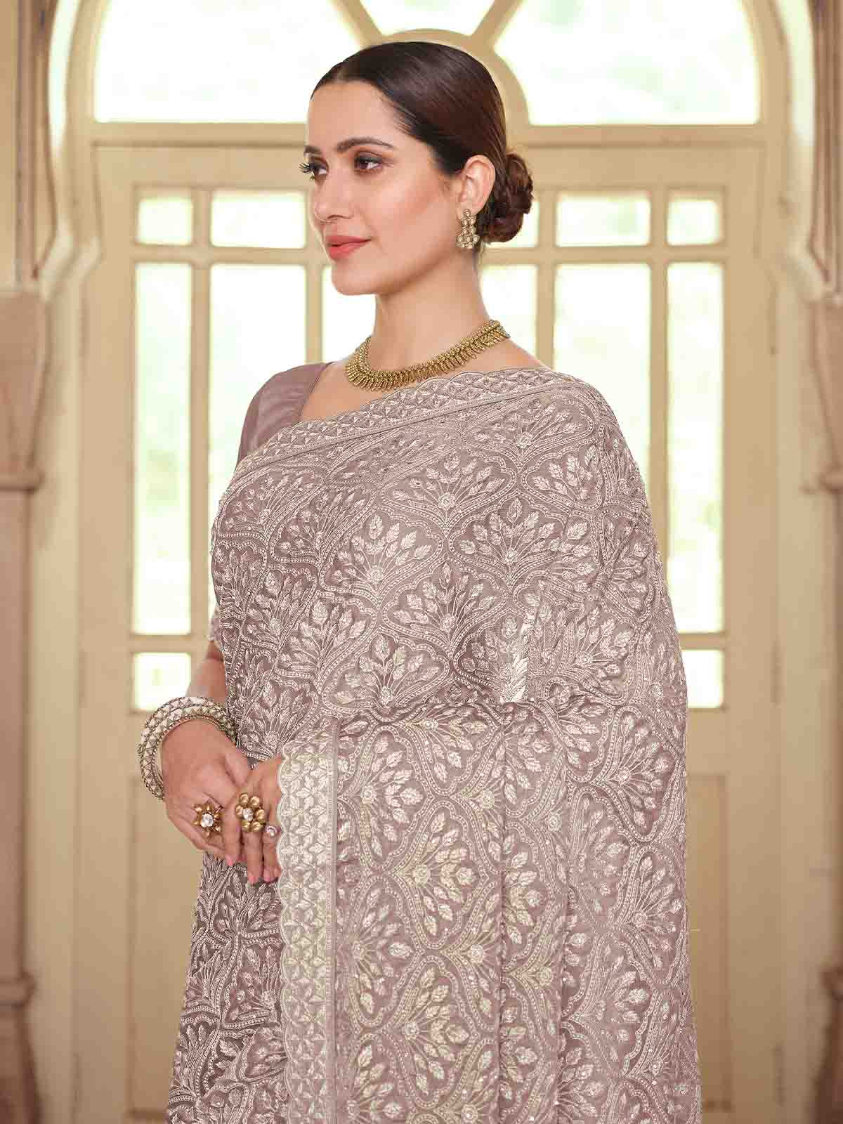 Brown Chiffon Saree With Unstitched Blouse Clothsvilla