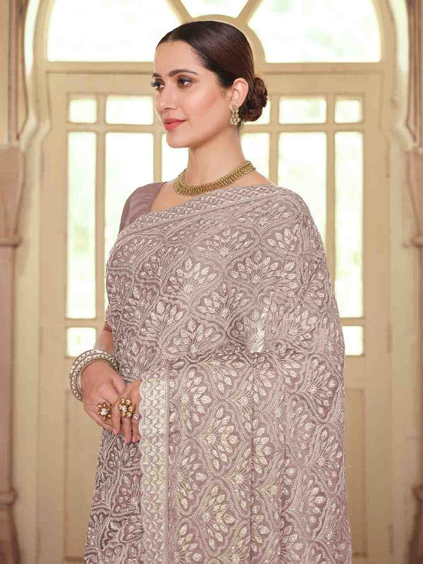 Brown Chiffon Saree With Unstitched Blouse Clothsvilla