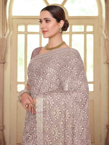 Brown Chiffon Saree With Unstitched Blouse Clothsvilla