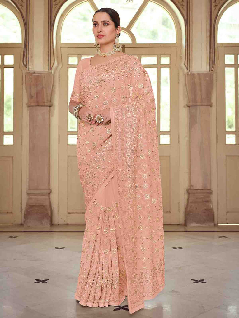 Peach Georgette Saree With Unstitched Blouse Clothsvilla