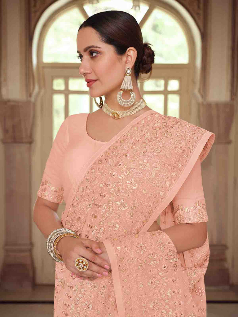 Peach Georgette Saree With Unstitched Blouse Clothsvilla