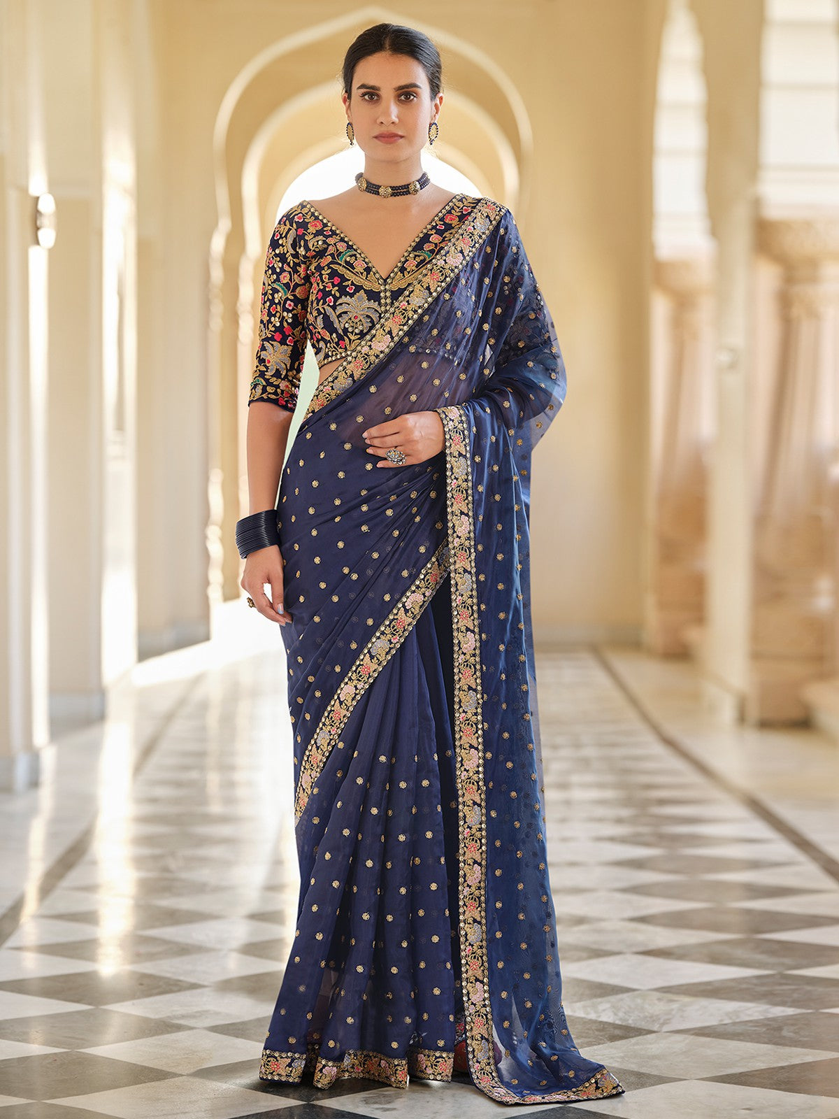 Dark Blue Organza Embroidered Saree With Unstitched Blouse Clothsvilla Main image