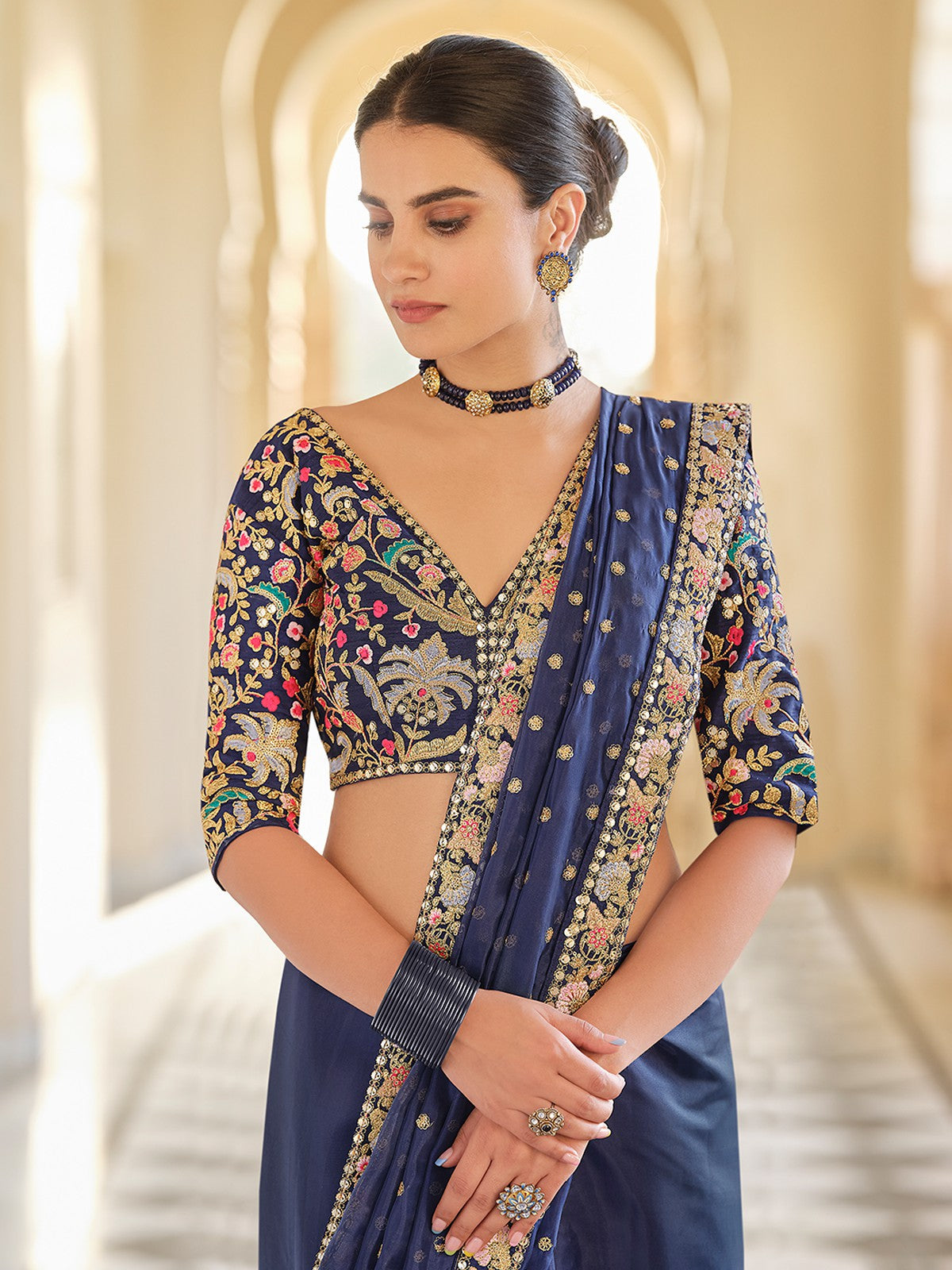 Dark Blue Organza Embroidered Saree With Unstitched Blouse Secondary image