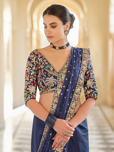 Dark Blue Organza Embroidered Saree With Unstitched Blouse Clothsvilla