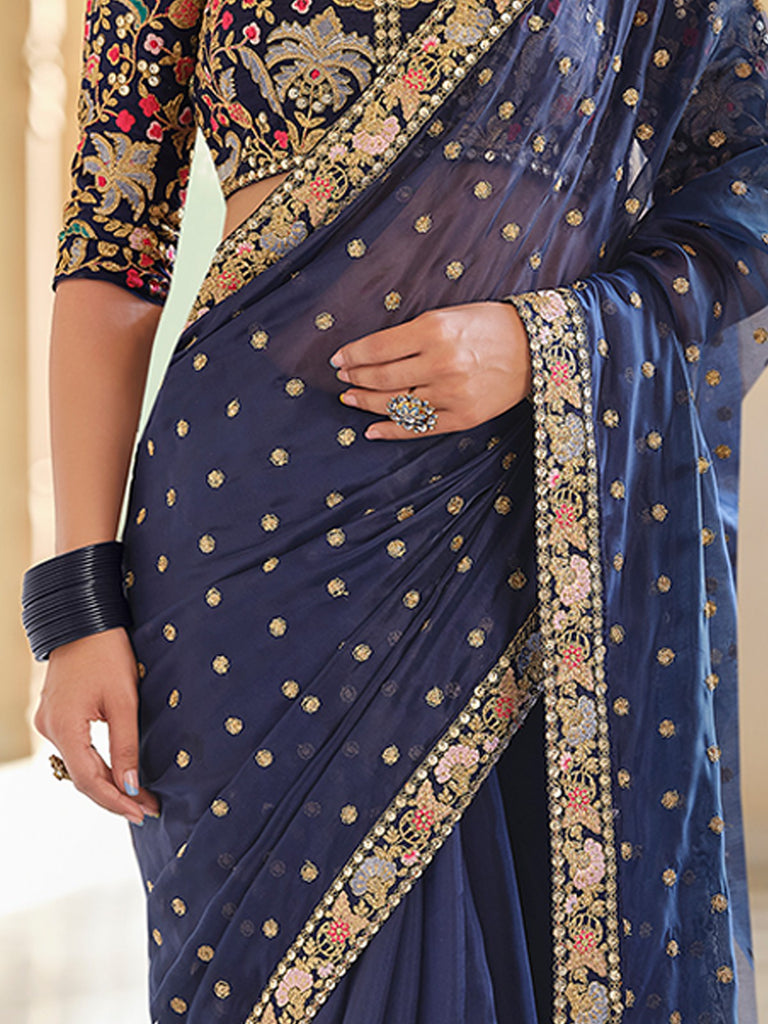 Dark Blue Organza Embroidered Saree With Unstitched Blouse Clothsvilla