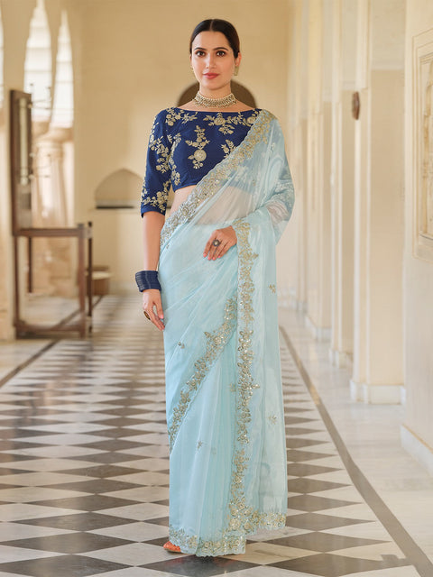 Light Blue Organza Embroidered Saree With Unstitched Blouse Clothsvilla Main image