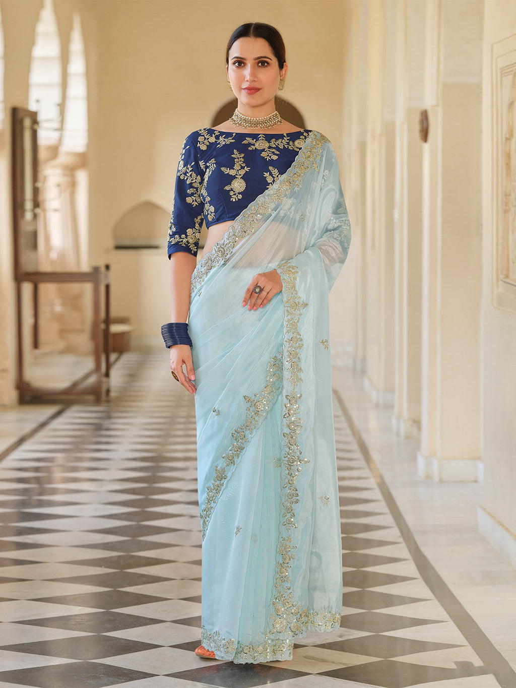 Light Blue Organza Embroidered Saree With Unstitched Blouse Clothsvilla