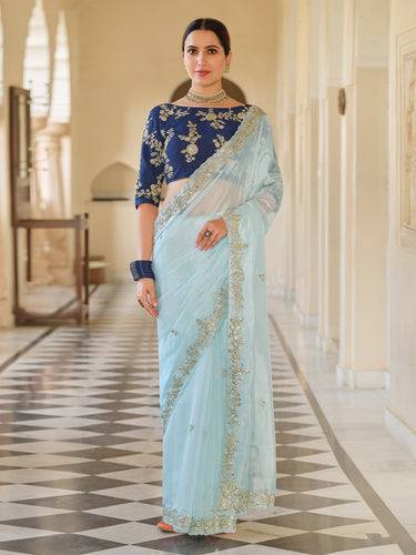 Light Blue Organza Embroidered Saree With Unstitched Blouse Clothsvilla