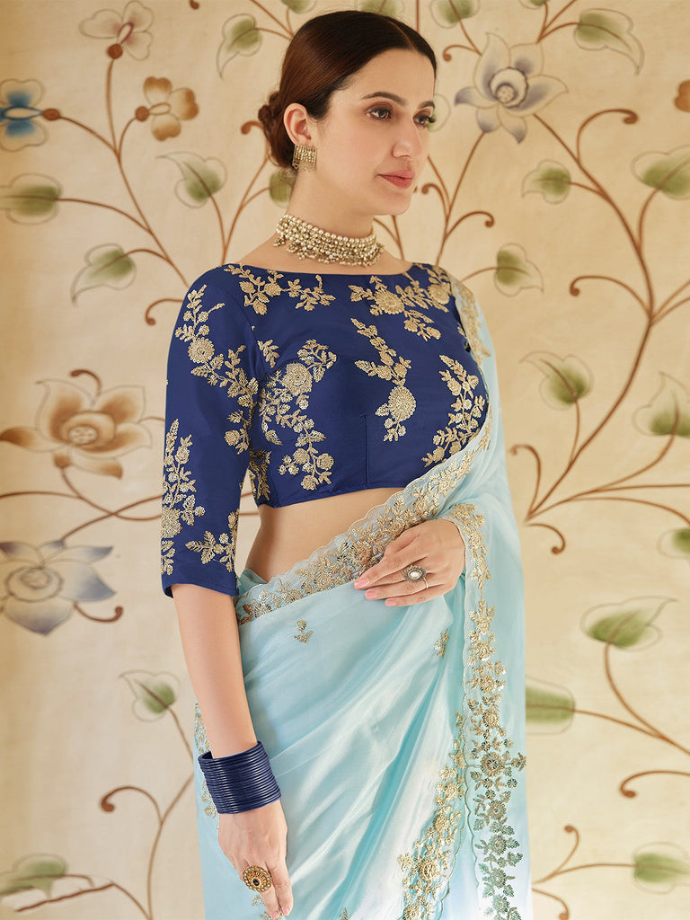 Light Blue Organza Embroidered Saree With Unstitched Blouse Clothsvilla
