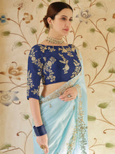 Load image into Gallery viewer, Light Blue Organza Embroidered Saree With Unstitched Blouse Clothsvilla