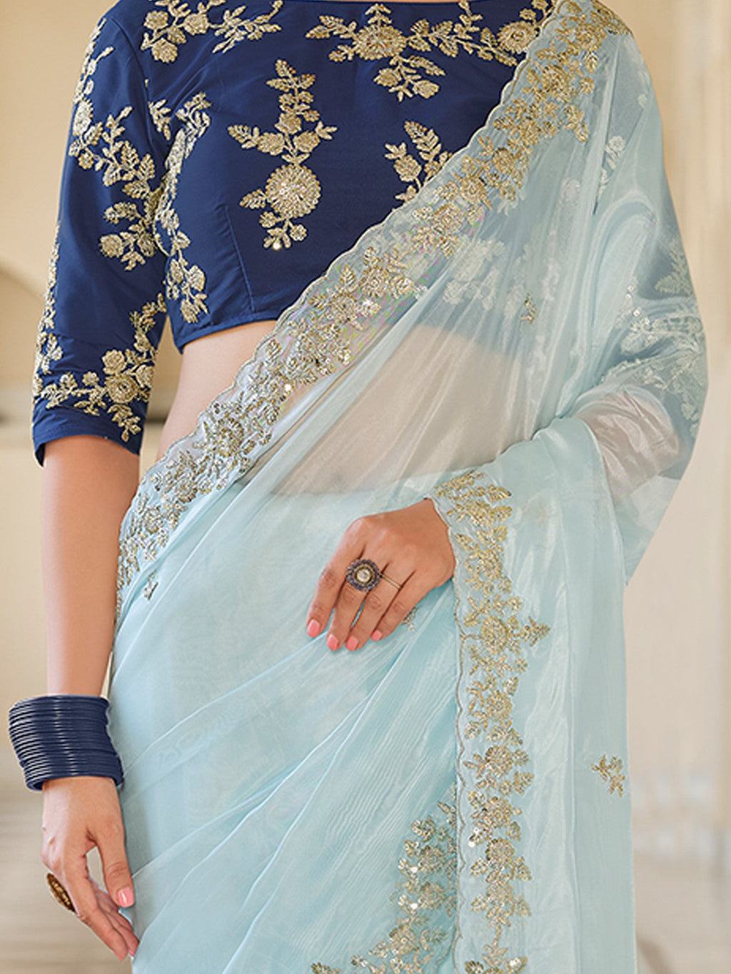 Light Blue Organza Embroidered Saree With Unstitched Blouse Clothsvilla
