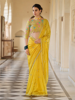 Yellow Organza Embroidered Saree With Unstitched Blouse Clothsvilla