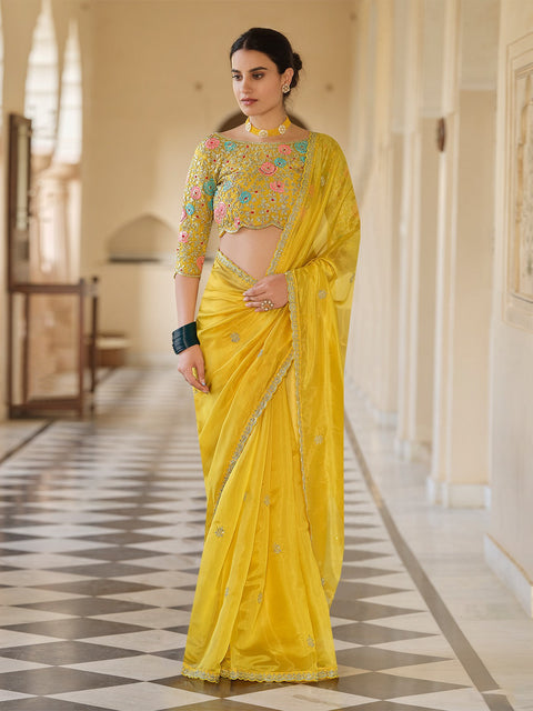 Yellow Organza Embroidered Saree With Unstitched Blouse Clothsvilla Main image
