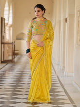 Load image into Gallery viewer, Yellow Organza Embroidered Saree With Unstitched Blouse Clothsvilla