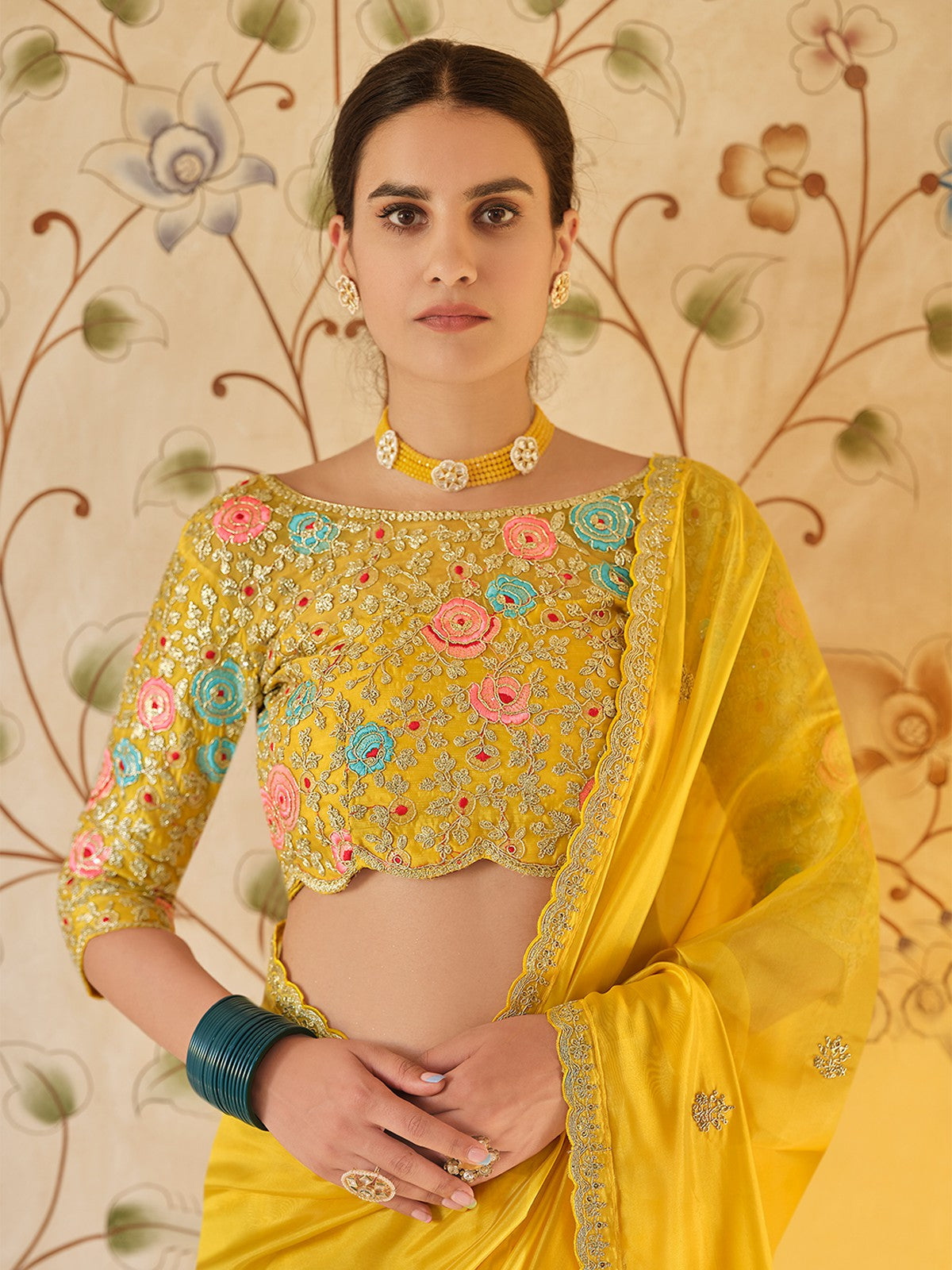 Yellow Organza Embroidered Saree With Unstitched Blouse Secondary image