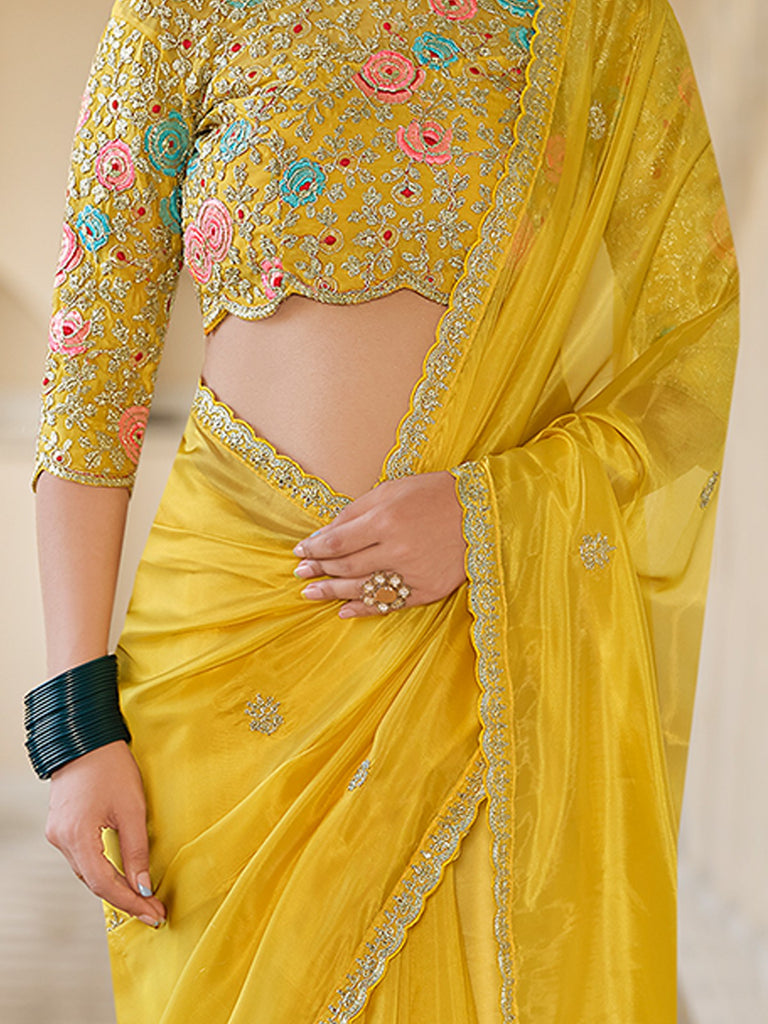 Yellow Organza Embroidered Saree With Unstitched Blouse Clothsvilla