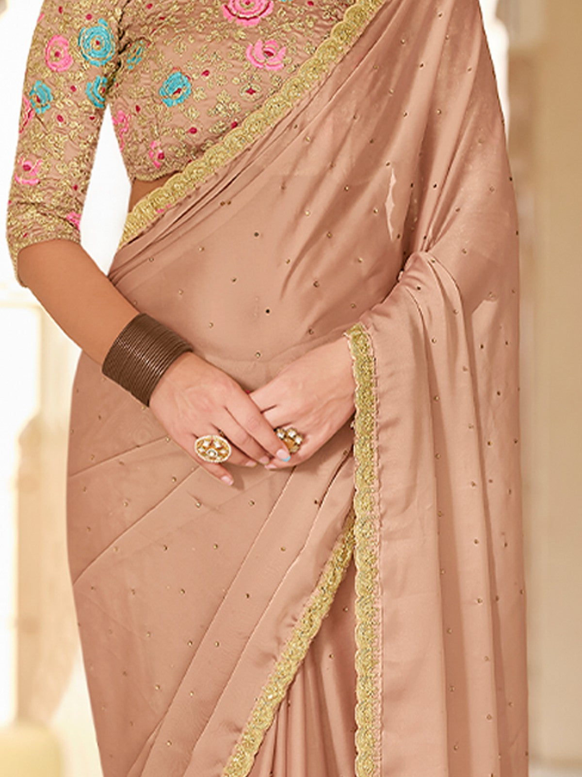 Beige Organza Embroidered Saree With Unstitched Blouse Clothsvilla
