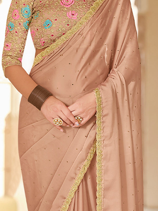 Beige Organza Embroidered Saree With Unstitched Blouse Clothsvilla