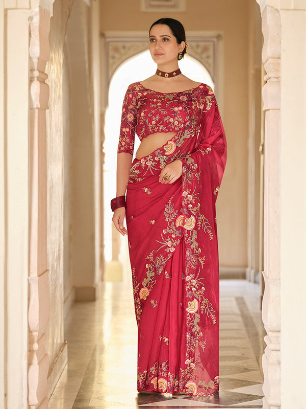 Dark Pink Organza Embroidered Saree With Unstitched Blouse Clothsvilla