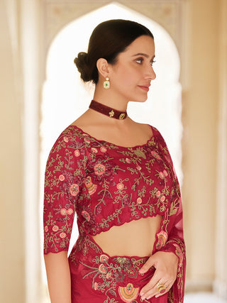 Dark Pink Organza Embroidered Saree With Unstitched Blouse Clothsvilla