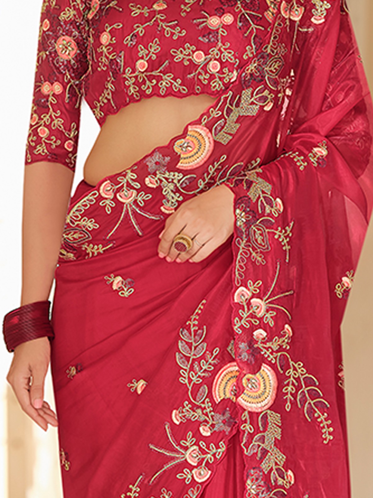 Dark Pink Organza Embroidered Saree With Unstitched Blouse Clothsvilla