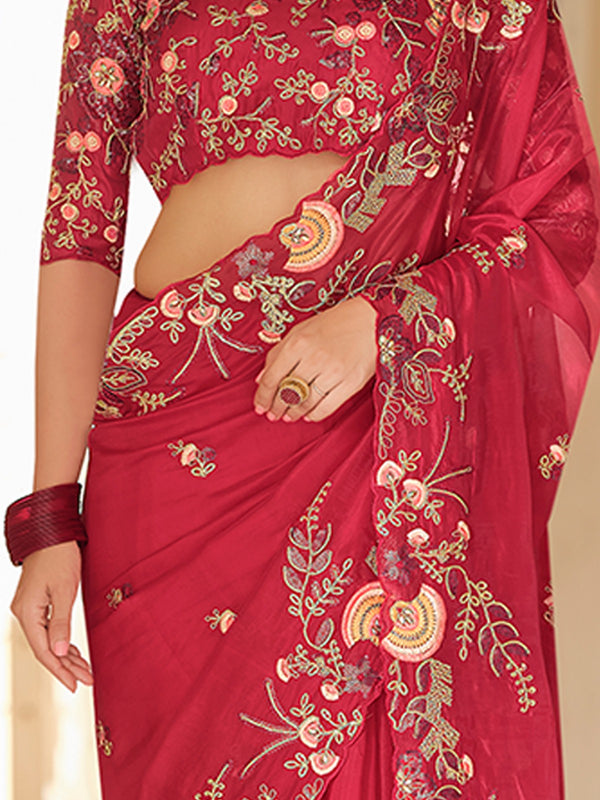 Dark Pink Organza Embroidered Saree With Unstitched Blouse Clothsvilla