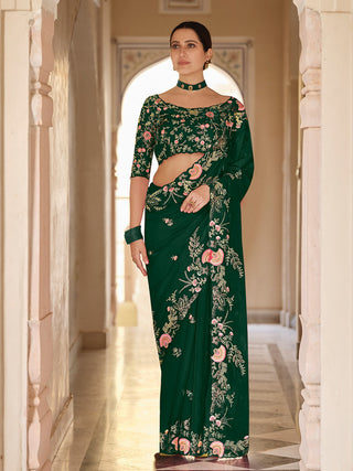 Dark Green Organza Embroidered Saree With Unstitched Blouse Clothsvilla