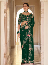 Load image into Gallery viewer, Dark Green Organza Embroidered Saree With Unstitched Blouse Clothsvilla